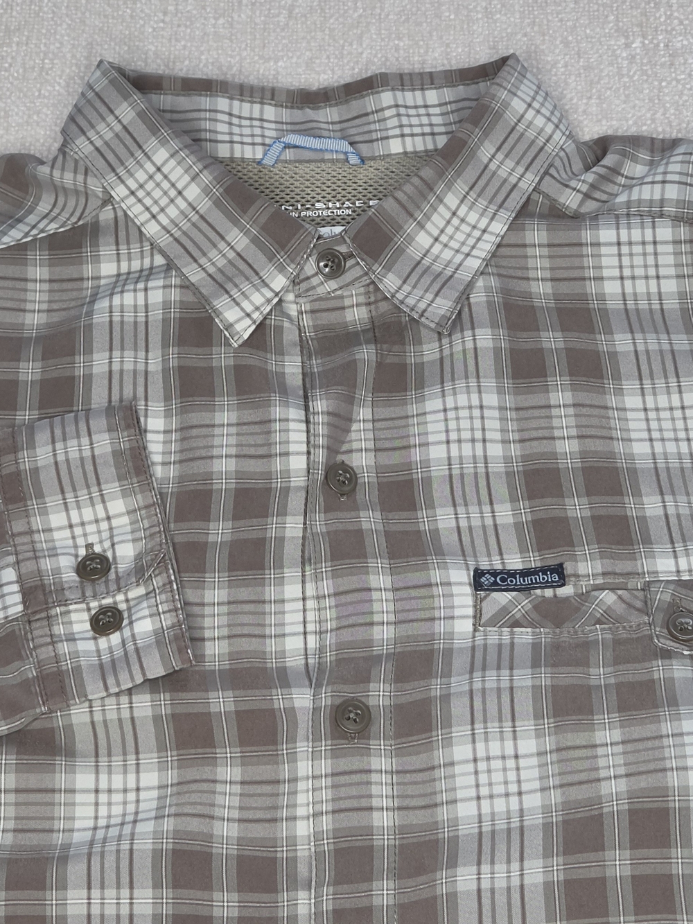 Columbia Omni-Shade Shirt Mens Large Brown Plaid Long Sleeve Sun Protection